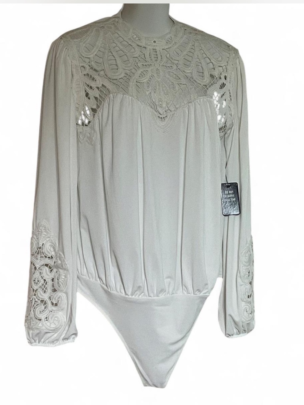 Express White Lace Bodysuit Blouse Long Sleeve Sheer Yoke Mock Neck NWT Size M